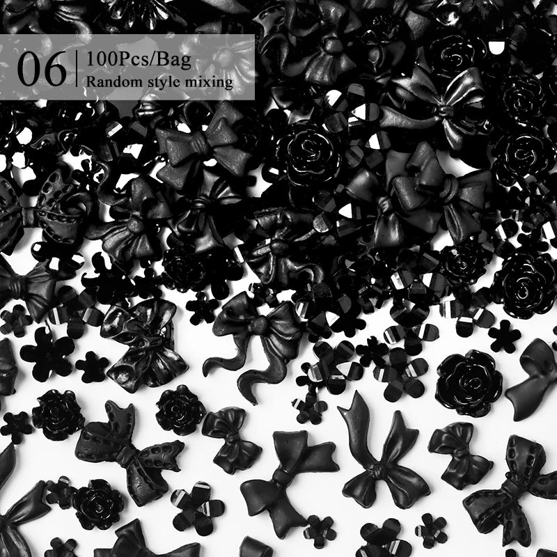 100/200pcs 3D Mixed Nail Decorations Kawaii Heart Flower Bear Pearl Design Rhinestone Nail Art Charms Jewelry Manicure Accessory
