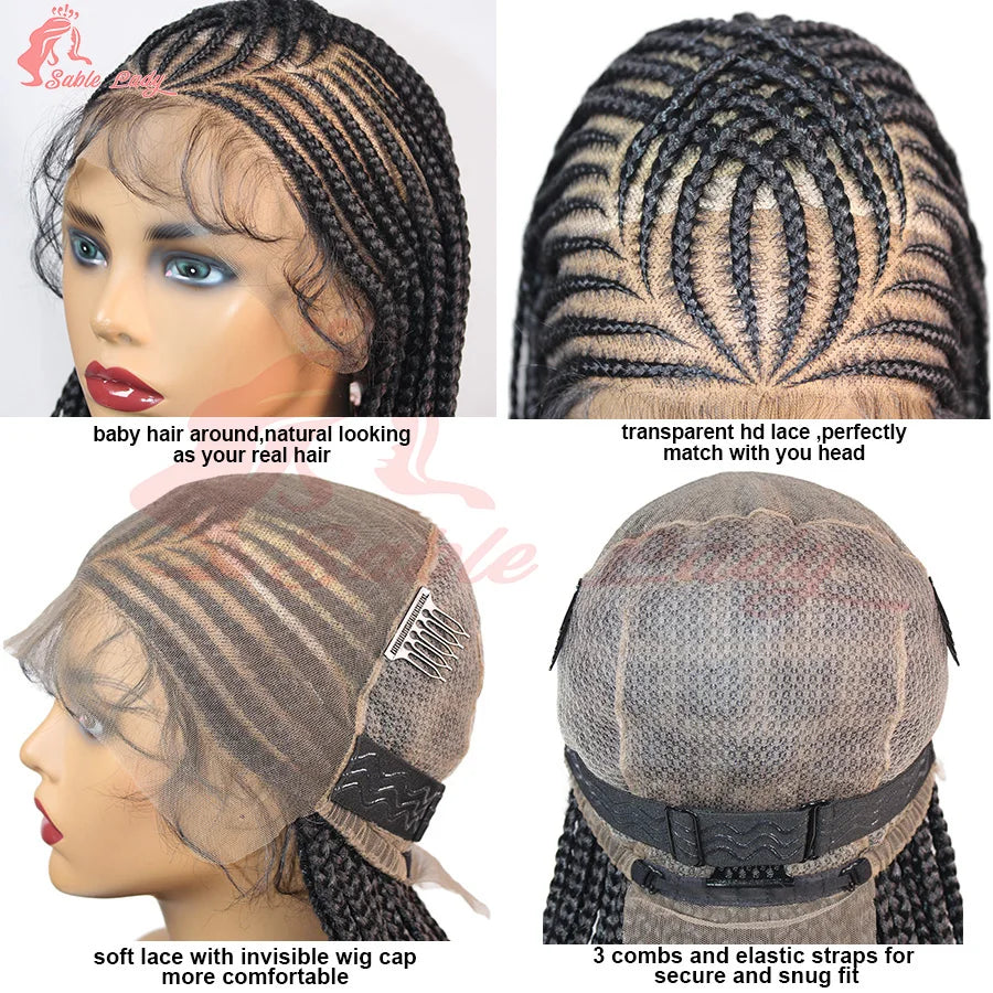 36Inch Knotless Box Braided Wigs Synthetic Full Lace Cornrows Braids Wig With Baby Hair Goddess Fulani Braiding Wigs Black Women