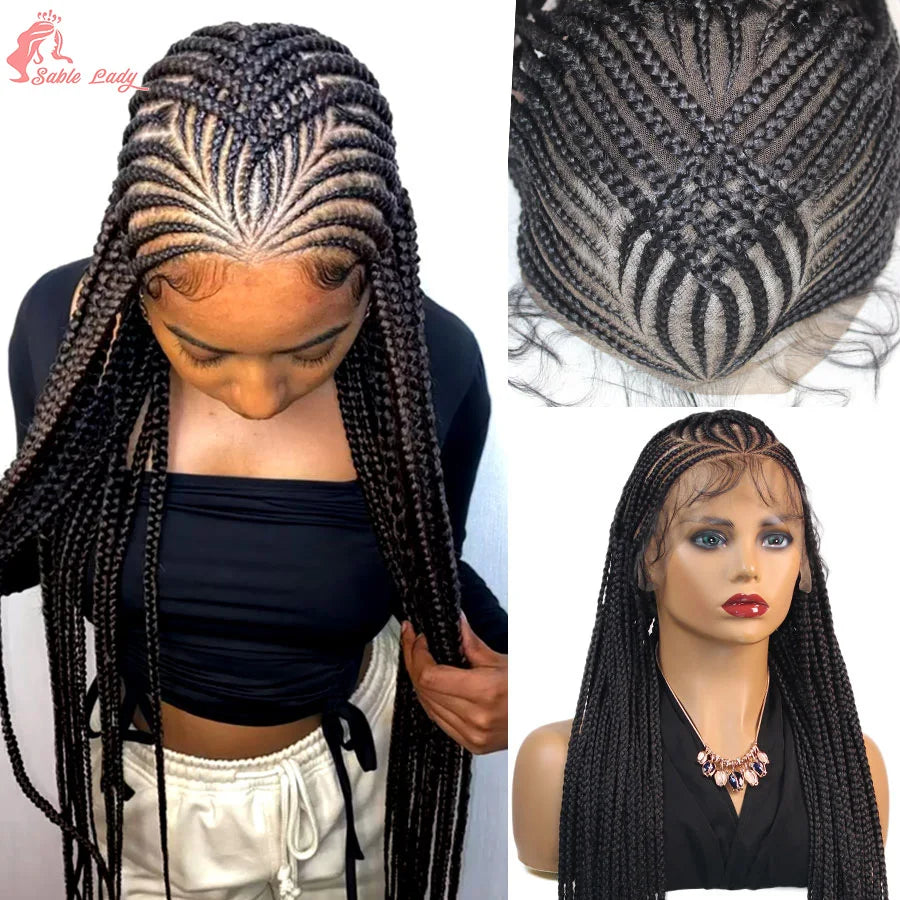 36Inch Knotless Box Braided Wigs Synthetic Full Lace Cornrows Braids Wig With Baby Hair Goddess Fulani Braiding Wigs Black Women
