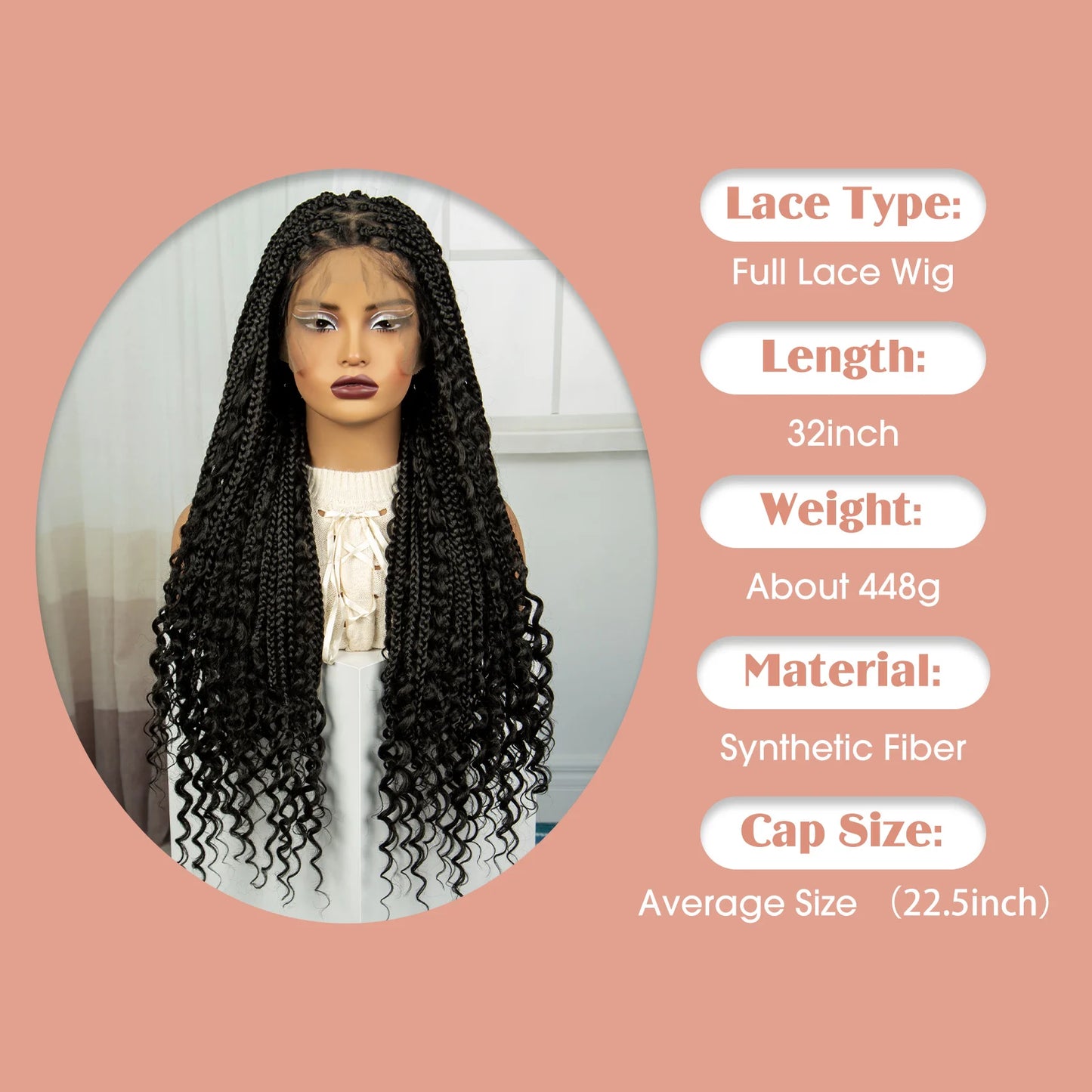 32 inch Synthetic Braided Wigs Natural Curly Boho Braideds Wigs Full Lace Knotless Box Braids Wig with Baby Hair for Black Women