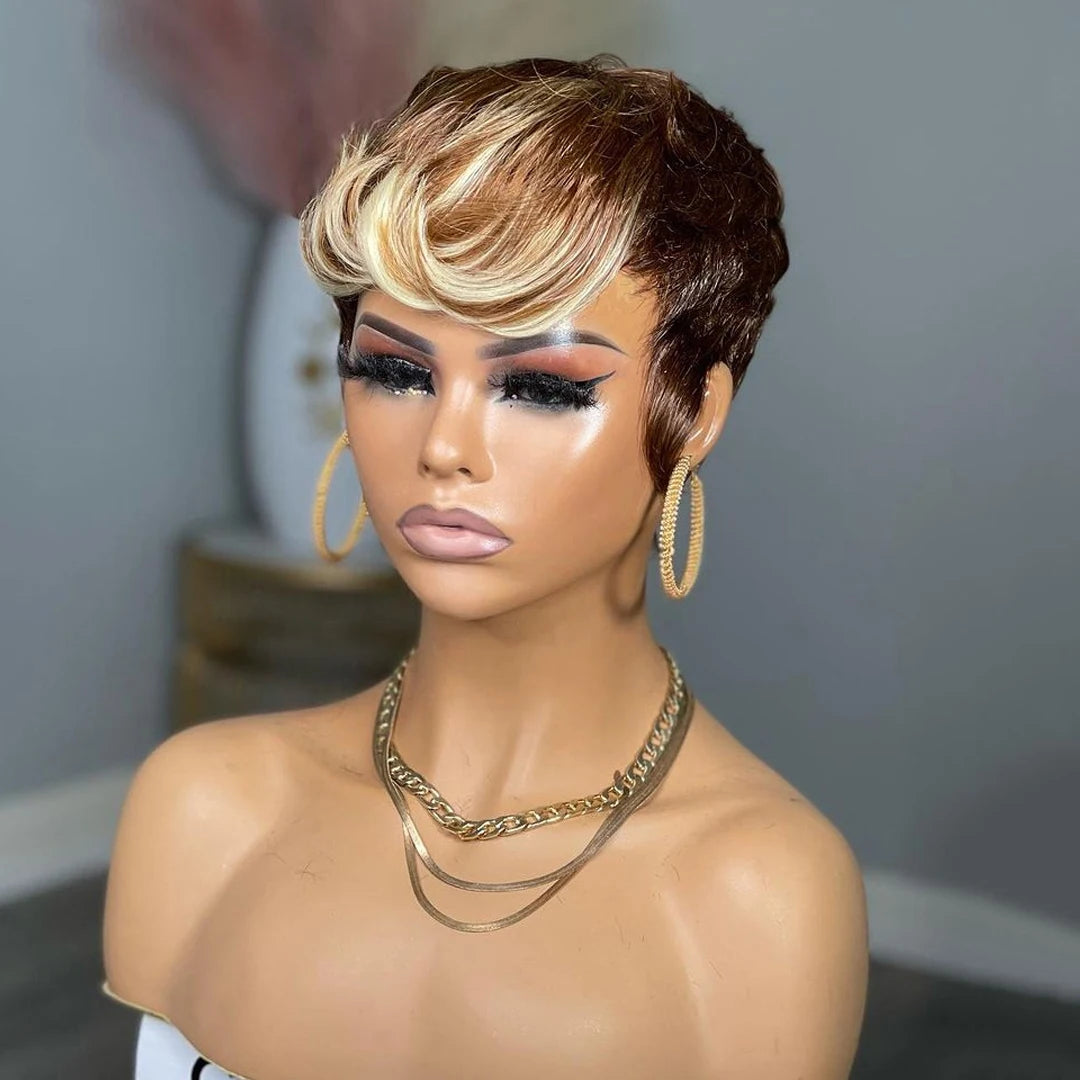 Short Pixie Cut Wigs Human Hair Blonde Green Highlight Short Bob Wigs 613 Burgundy 99J Colored Brown full Machine made Wigs