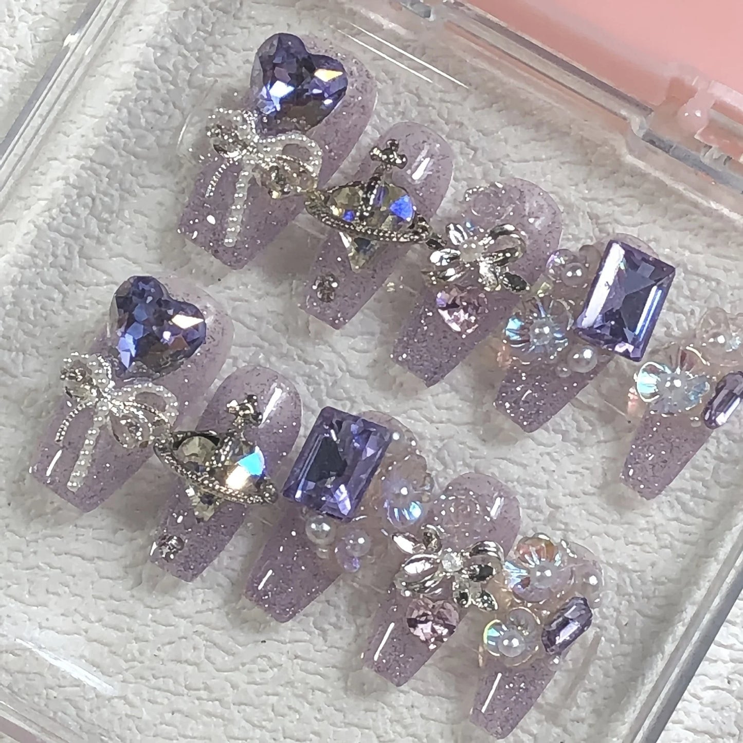 10pcs high-end Flash Aurora purple heart set with diamonds handmade fake nails