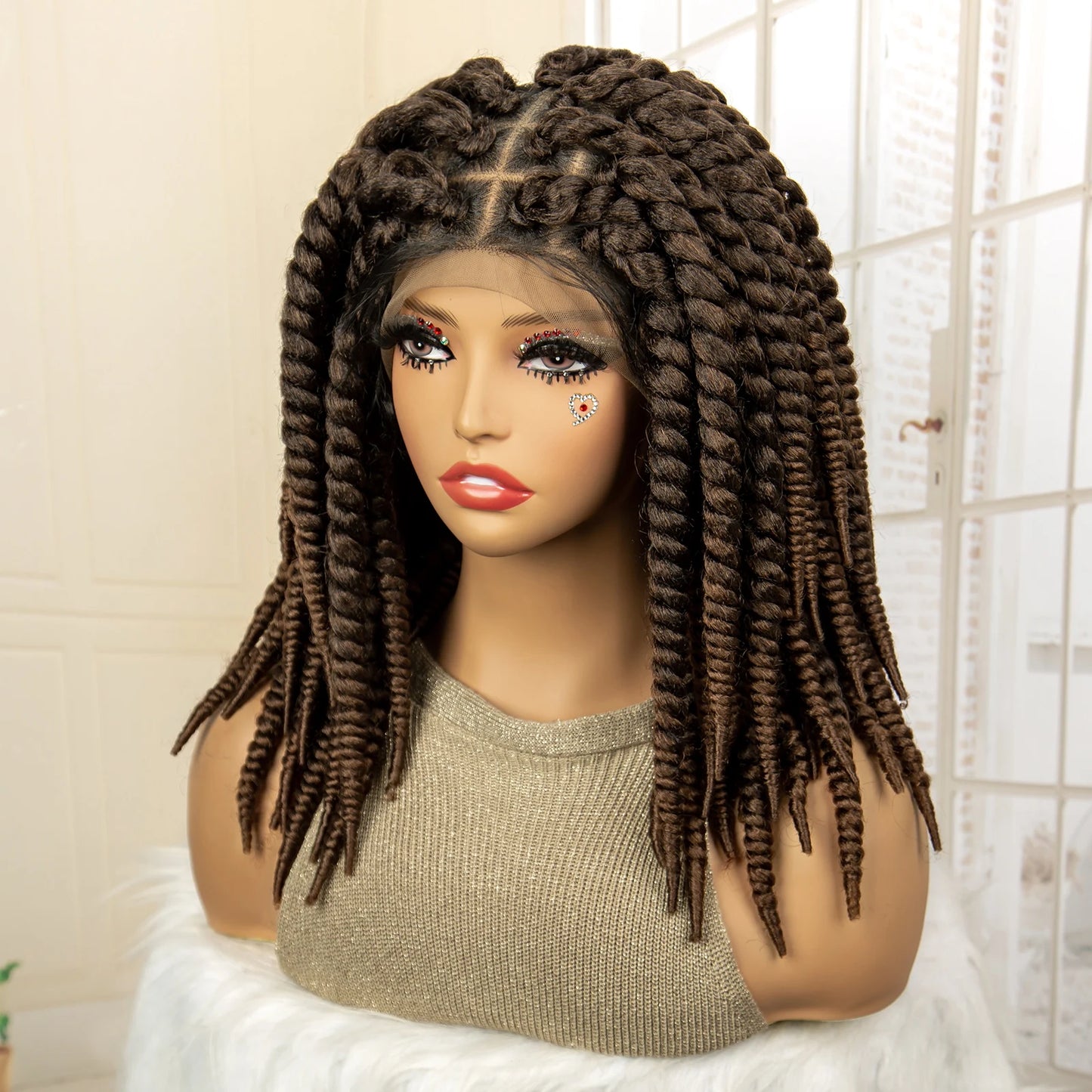Synthetic Twisted Braided Wigs for Black Women Full Lace Synthetic Braided Wigs Brown Bob Wig Knotless 16 Inch