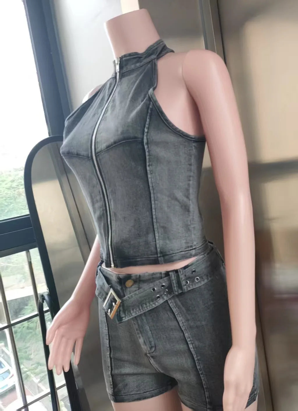 Weird Puss Distressed Style Denim 2 Piece Set Women Zipper Cardigan Sleeveless Crop Top+Skinny Shorts Hottie Street Hipster Suit