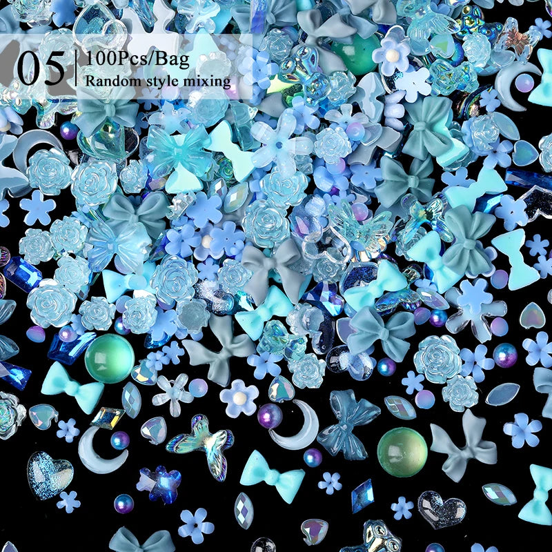 100/200pcs 3D Mixed Nail Decorations Kawaii Heart Flower Bear Pearl Design Rhinestone Nail Art Charms Jewelry Manicure Accessory
