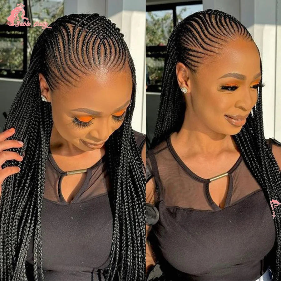 36Inch Knotless Box Braided Wigs Synthetic Full Lace Cornrows Braids Wig With Baby Hair Goddess Fulani Braiding Wigs Black Women