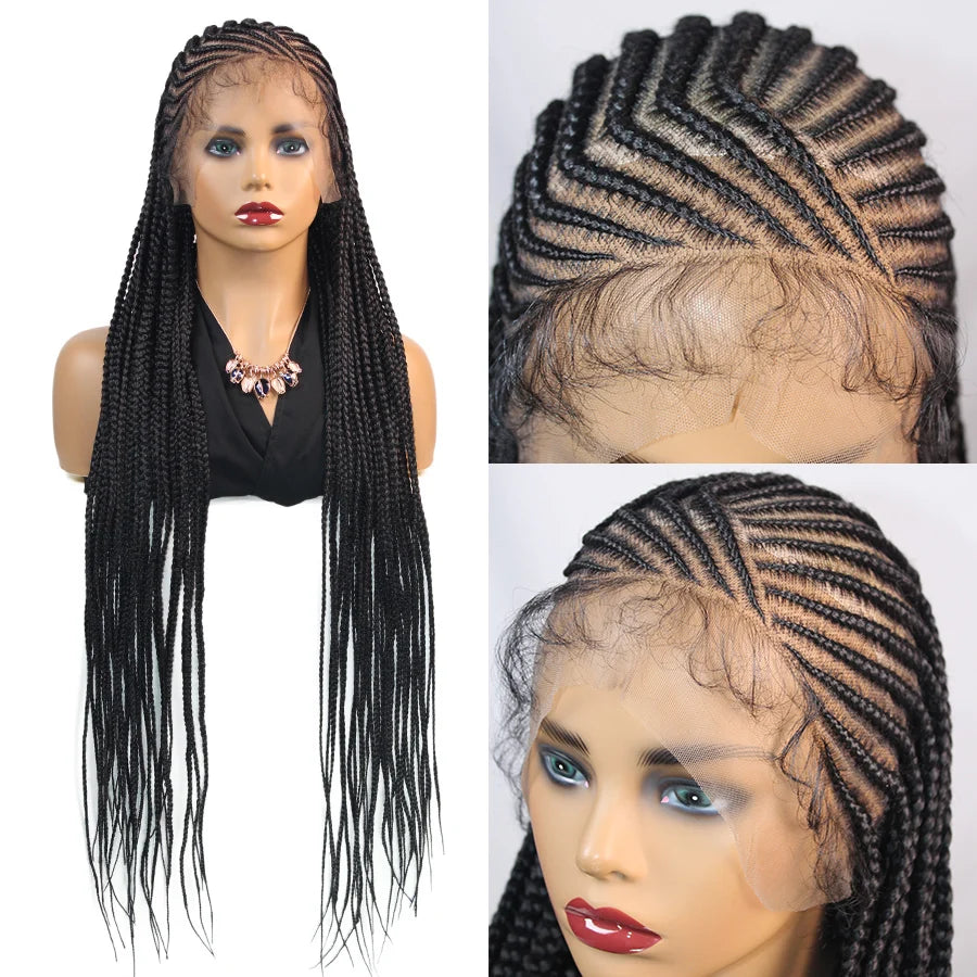 36Inch Knotless Box Braided Wigs Synthetic Full Lace Cornrows Braids Wig With Baby Hair Goddess Fulani Braiding Wigs Black Women