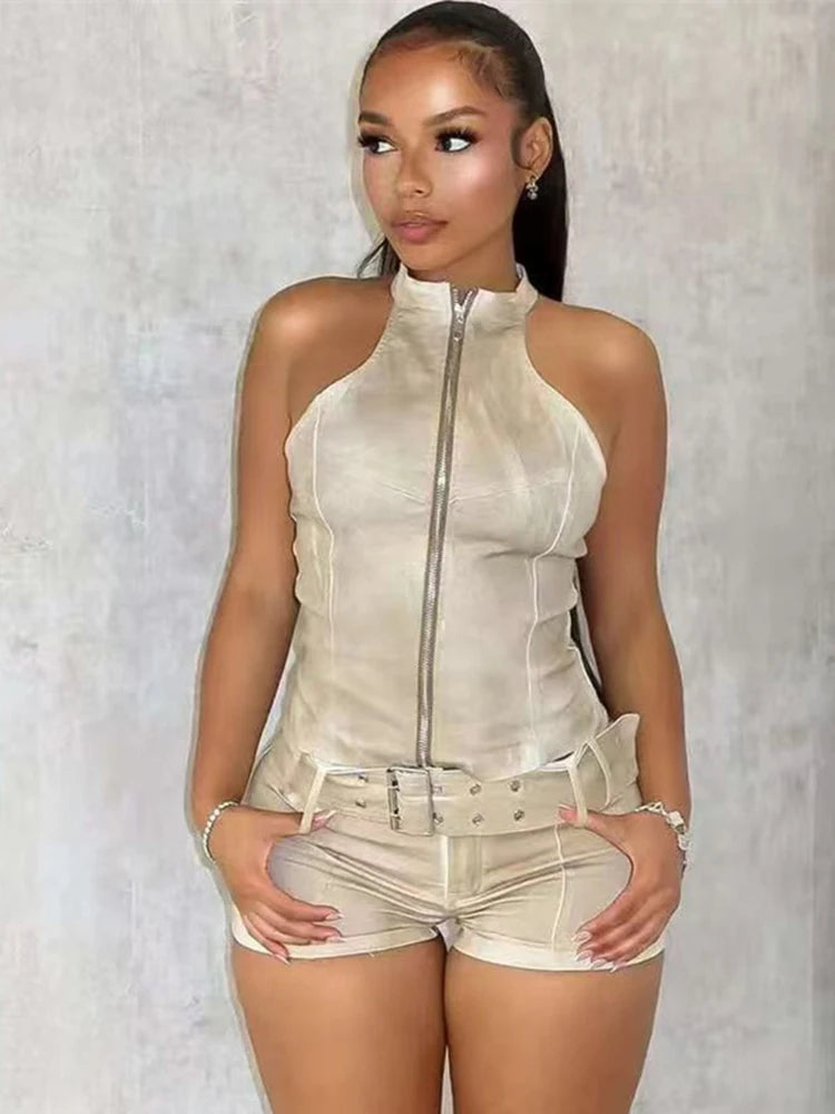 Weird Puss Distressed Style Denim 2 Piece Set Women Zipper Cardigan Sleeveless Crop Top+Skinny Shorts Hottie Street Hipster Suit