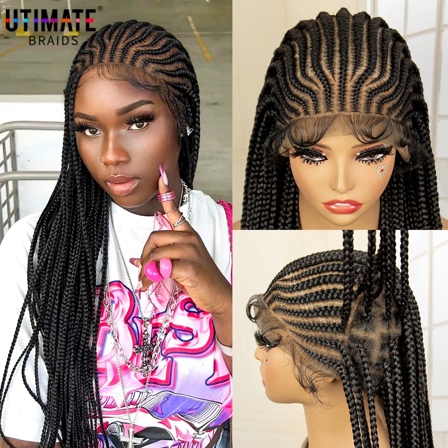 34 Inches Handmade Synthetic Braiding Wig HD Full Lace Cornrow Braided Wigs Back Knotless Box Braids Wig for Black Women