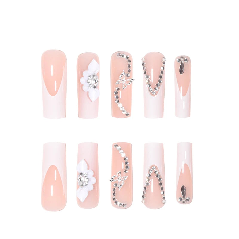 24 Long Coffins with French Patterns, Flowers, Butterfly Dots, Diamond Shiny Fake Nails, 1 Nail File, and 1 Piece of Jelly Glue