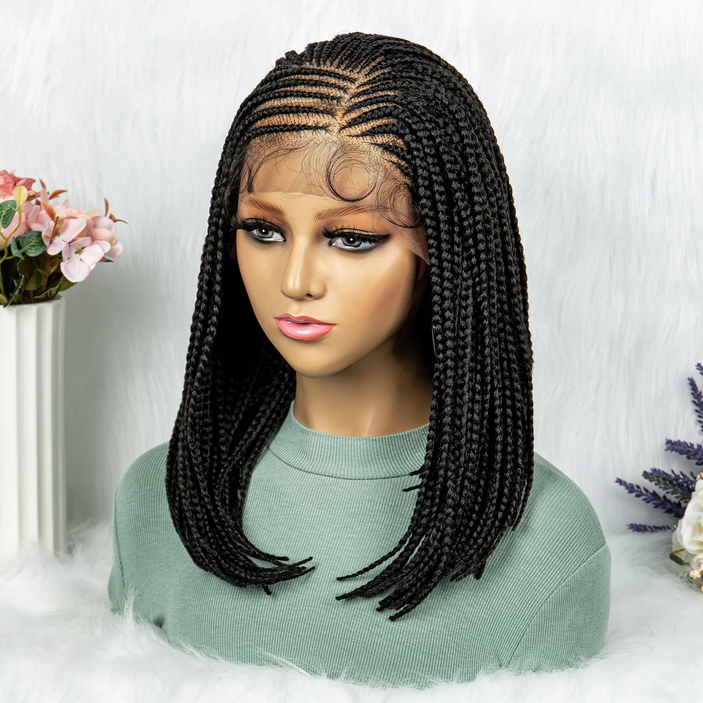 Short Box Braided Wig Synthetic Bob Wig Knotless Braiding Wig Lace Front 16 Inches Afro Braided Hair For Black Women