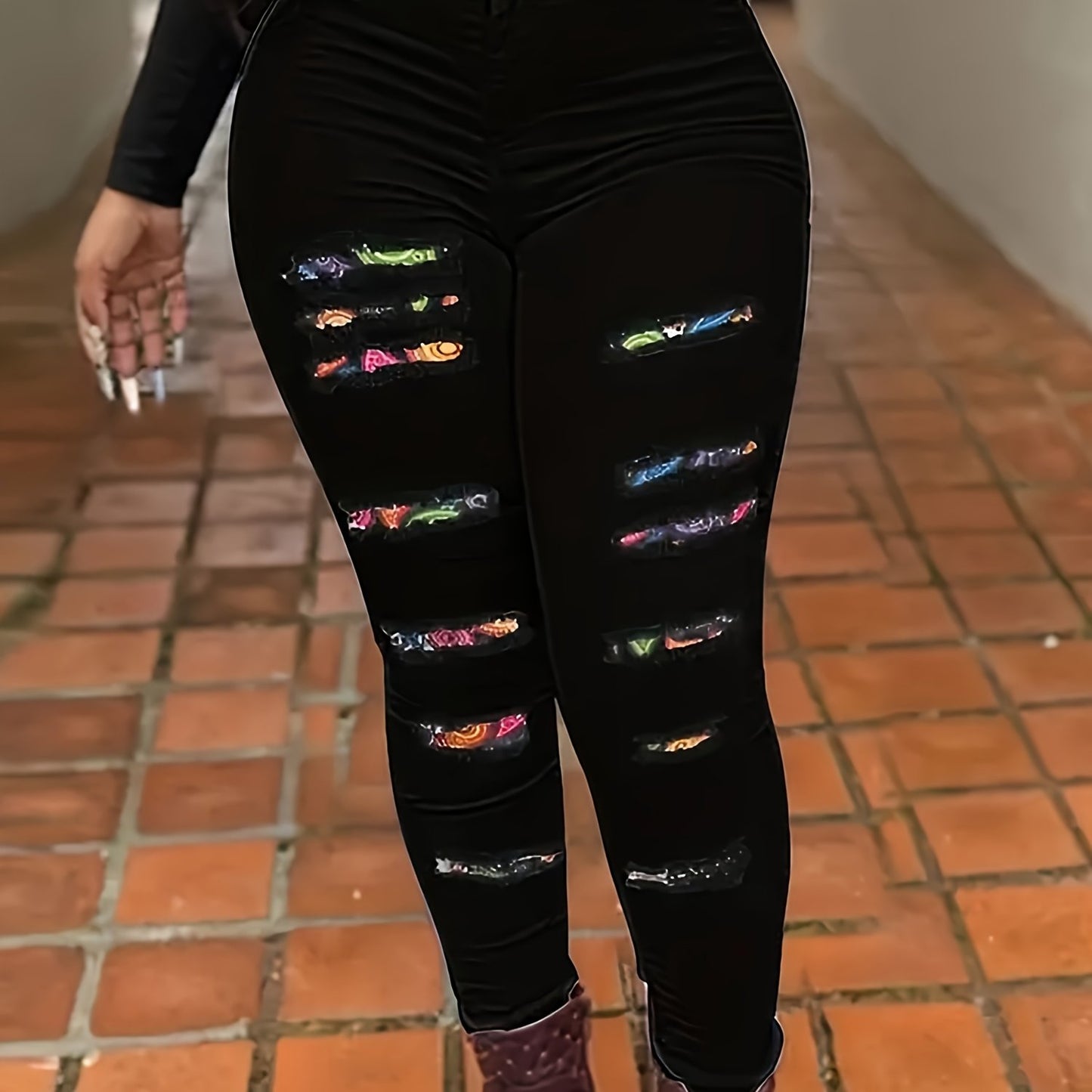 Women's Plus Size Casual Skinny Printed Patchwork Ripped Denim Jeans With Stretch, Full Length Pencil Pants, Fashion Printed Trousers