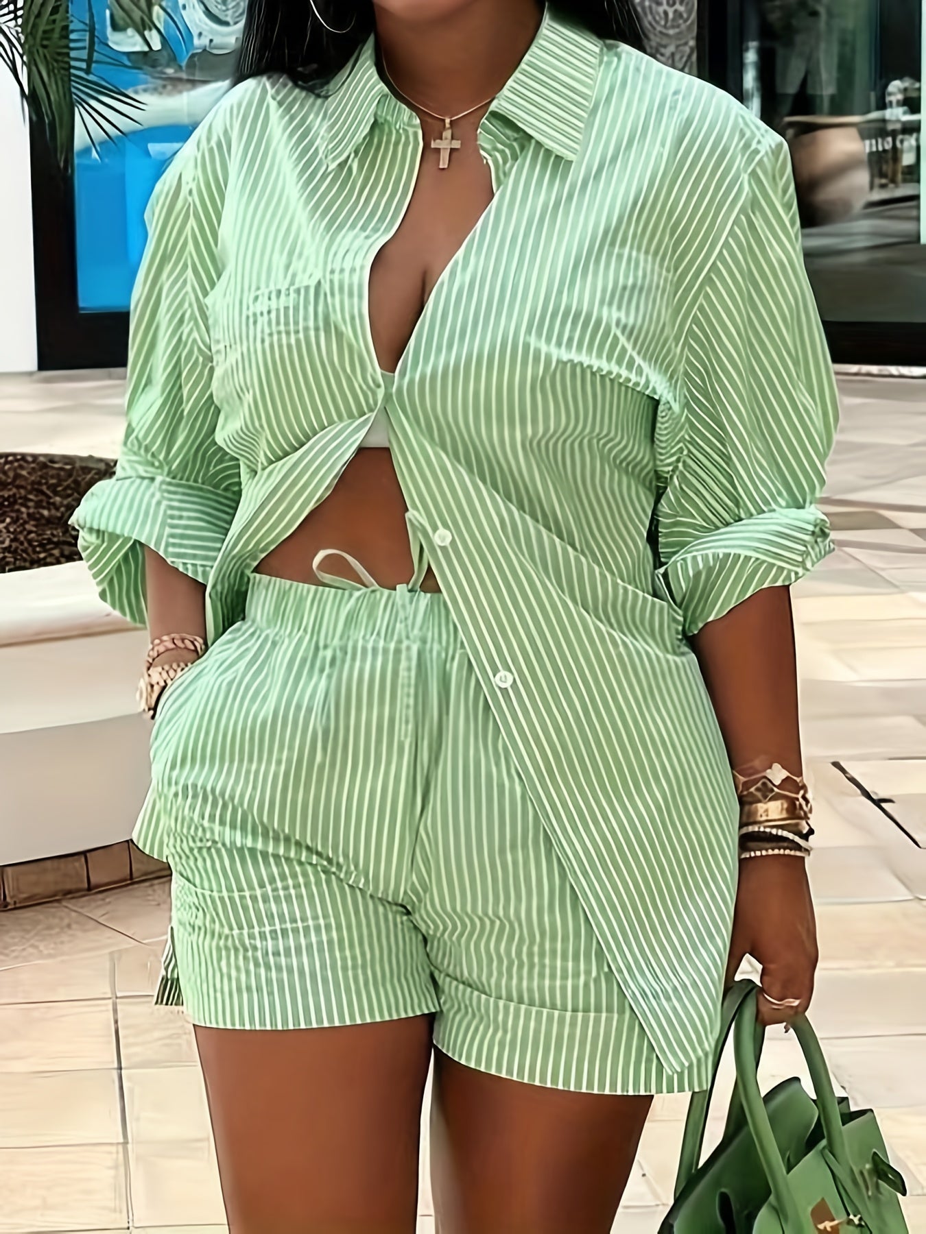 Plus Size Women's Chic Striped Print Two-Piece Set-Long Sleeve Button Shirt and Elastic Waist Shorts with Pockets, Perfect for Spring and Summer Fashion Casual Outings