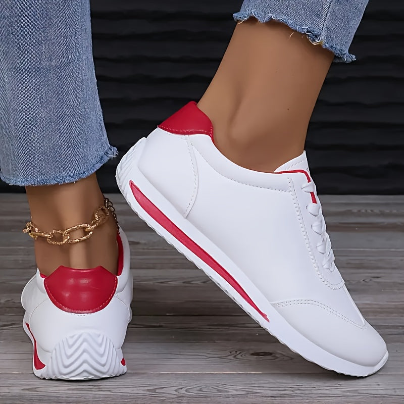 2025 New Women's Low-Top Skateboard Sneakers - Breathable Synthetic Cover & Fabric Upper, Comfortable Rubber Sole, White with Red Accents - Sporty Casual Shoes for All-Season Outdoor Wear, Skate Shoes, Sleek Sneaker Design, F