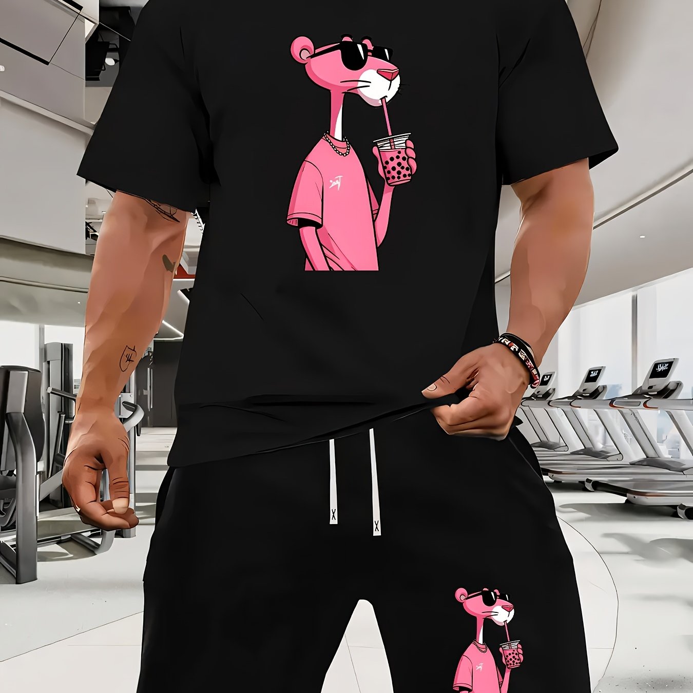 Men'S Short-Sleeved T-Shirt And Waist-Tightening Shorts Set with Trendy Pink Leopard Image Print, Casual Sports Regular Top And Pants Suit, Suitable for Spring And Summer Matching