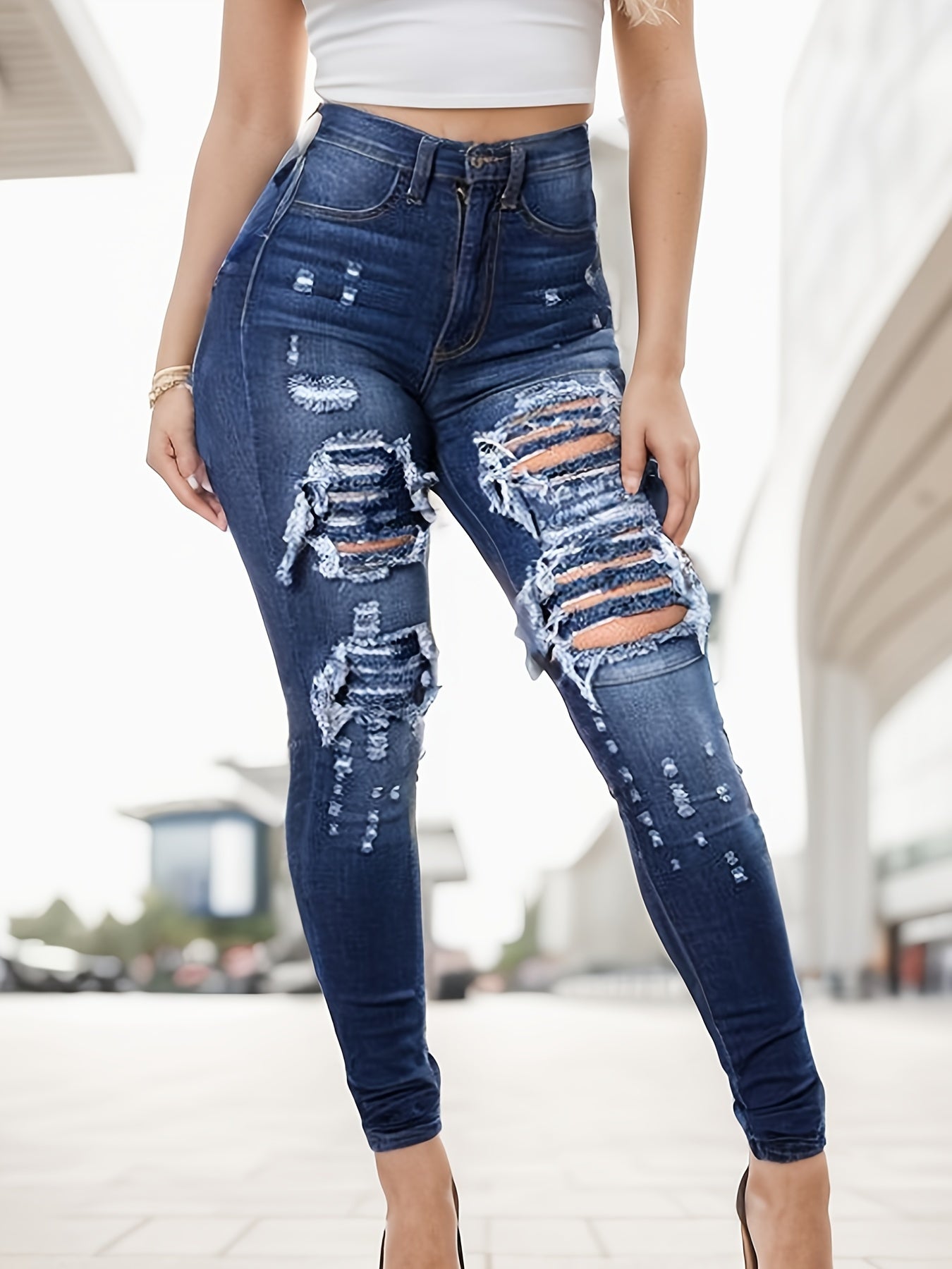 Ripped High Waisted High Stretch Tight Jeans, Comfortable Casual Jeans, Suitable For Daily Wear, Women's Jeans And Clothing