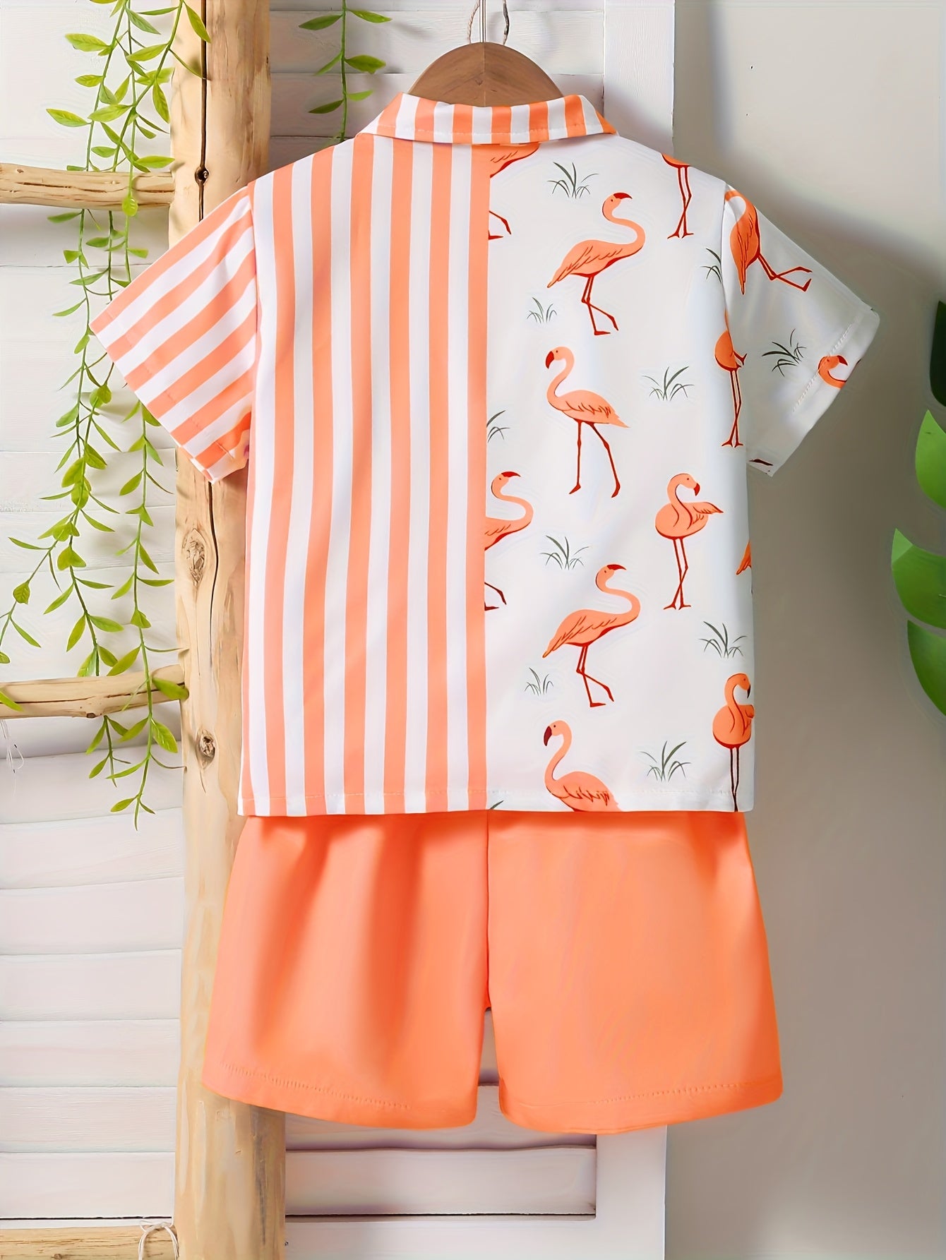 1 Set (2pcs) - Youngsters' Flamingo Print Short-sleeved Shirt and Shorts Set - A Cute And Stylish Summer Outfit Suitable for Daily Wear And Beach Vacations for Youngsters (White T-shirt Excluded), for Outdoor
