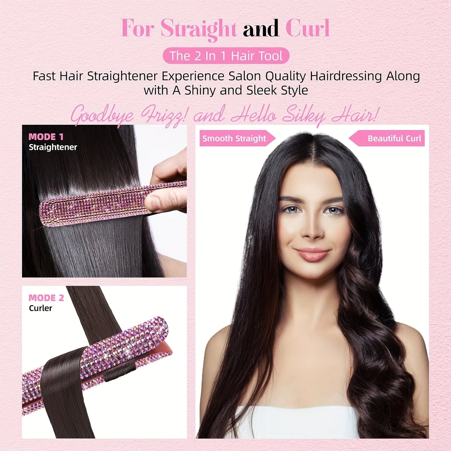 DORISILK 480°F High Temp Hair Straightener and Curler, Titanium Flat Iron Rhinestone Straightening Iron, 2 in 1 Straightening Curling 1" Salon Professional Dual Voltage Crystal Bling Rose Pink