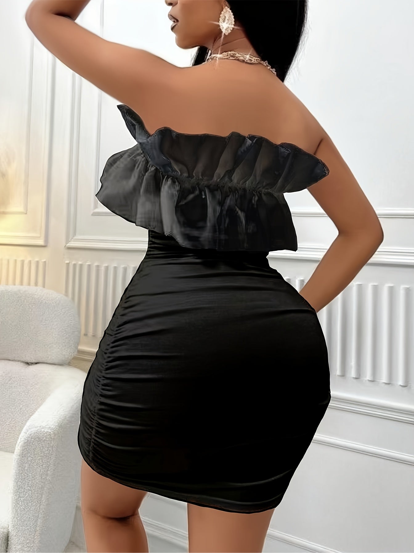 Black Dresses for Women Elegant Classy Stylish Off-Shoulder Pleated Women's Bodycon Graduation Dress - Sleeveless, Pleated, Solid Black Polyester, with Mesh Details - Stretchy, Machine Washable - Ideal for Spring/Summer/Autum