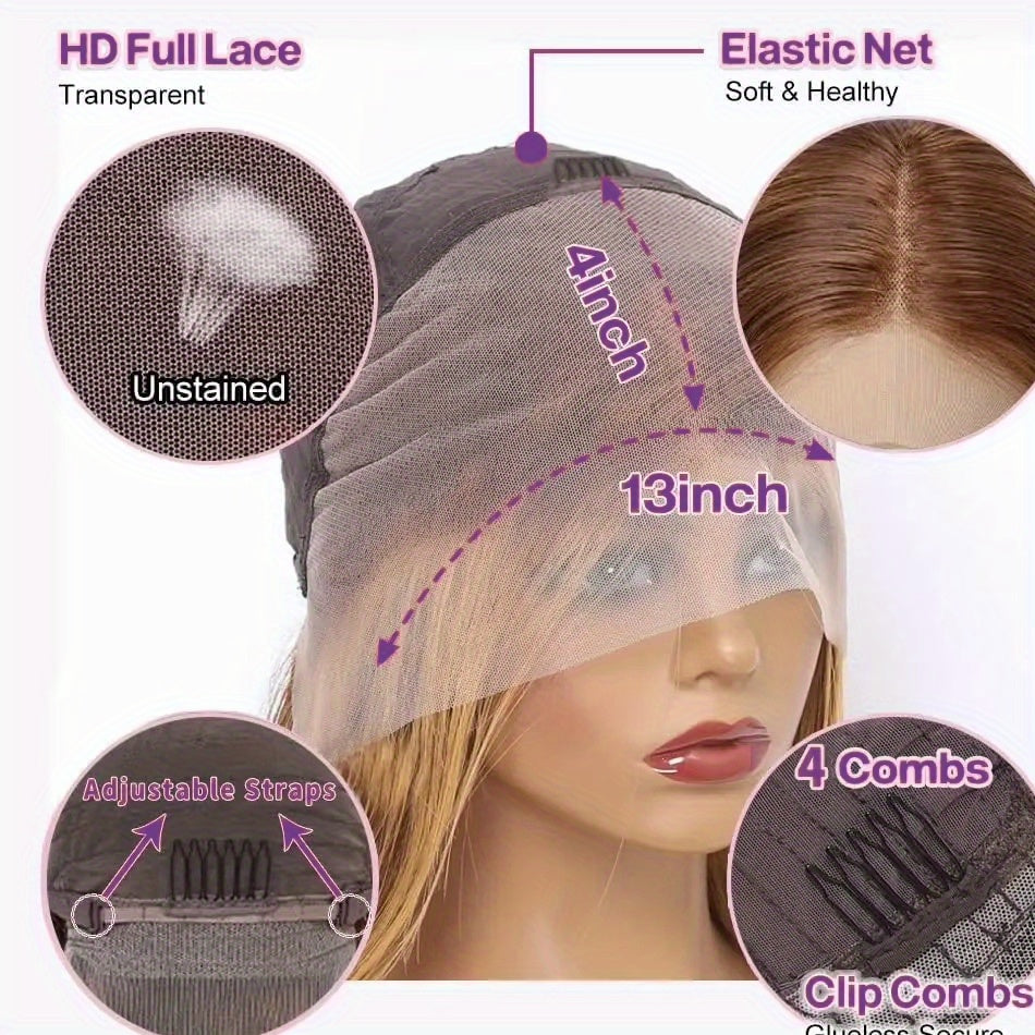 Ombre Honey Blonde 13x4 HD Glueless Lace Front Wig - 12 Inch Short Body Wave Human Hair Wig for, Pre-Plucked with Baby Hair & Bleached Knots, 250% Density, 4/27 Mixed Color, Fashion Accessory