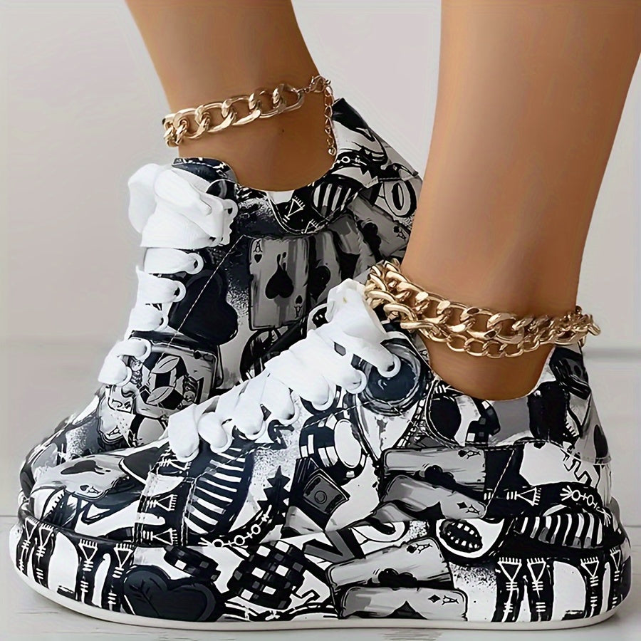 Women'S Breathable Low-Top Lace-Up Sneakers with Thick Rubber Sole- Monochrome Graphic Print Casual Shoes for Petite Women, All-Season Versatile Sneakers with Synthetic Cover Upper, Ladies Sneakers, Everyday Footwear, Modern