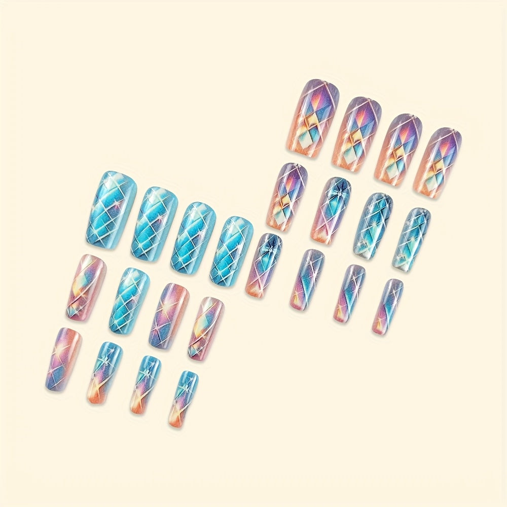 24pcs Glossy Long Coffin Press-On Nails - Pink to Blue Gradient with Stars & Pattern, French Style Reusable Fake Nails for Women and Girls