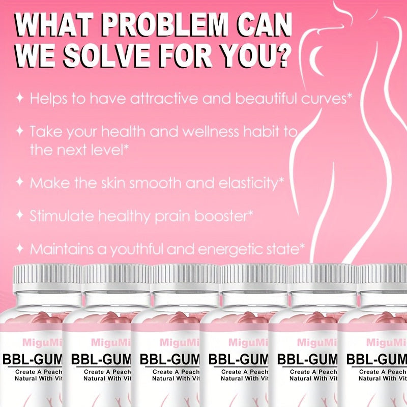 60pcs MIGUIGI BBL-GUMMIES Peach-Shaped Vitamin E Supplement Gummies for Women - Firming & Lifting, Fuller, Smoother Buttocks, Multi-Vitamin Enriched, BPA-Free, Delicious 30-Day Supply, Curve Enhancement|Peachshaped Gummies|Ta