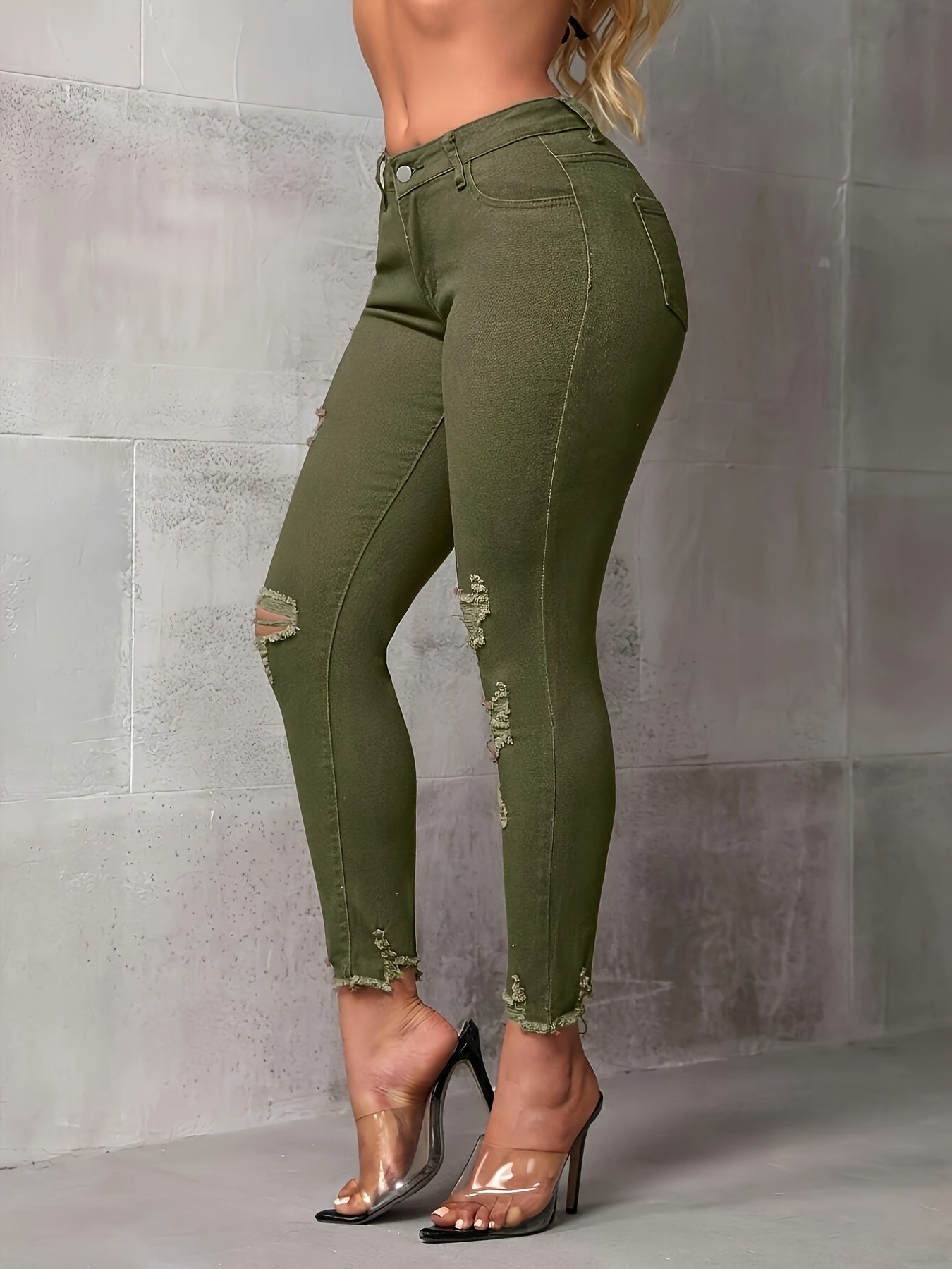 Military Green High-waisted Ripped Frit Skinny Jeans, Slim And to Instantly Transform Into Long Legs, Fashionable And Versatile Casual Skinny Jeans, Women's Skinny Jeans