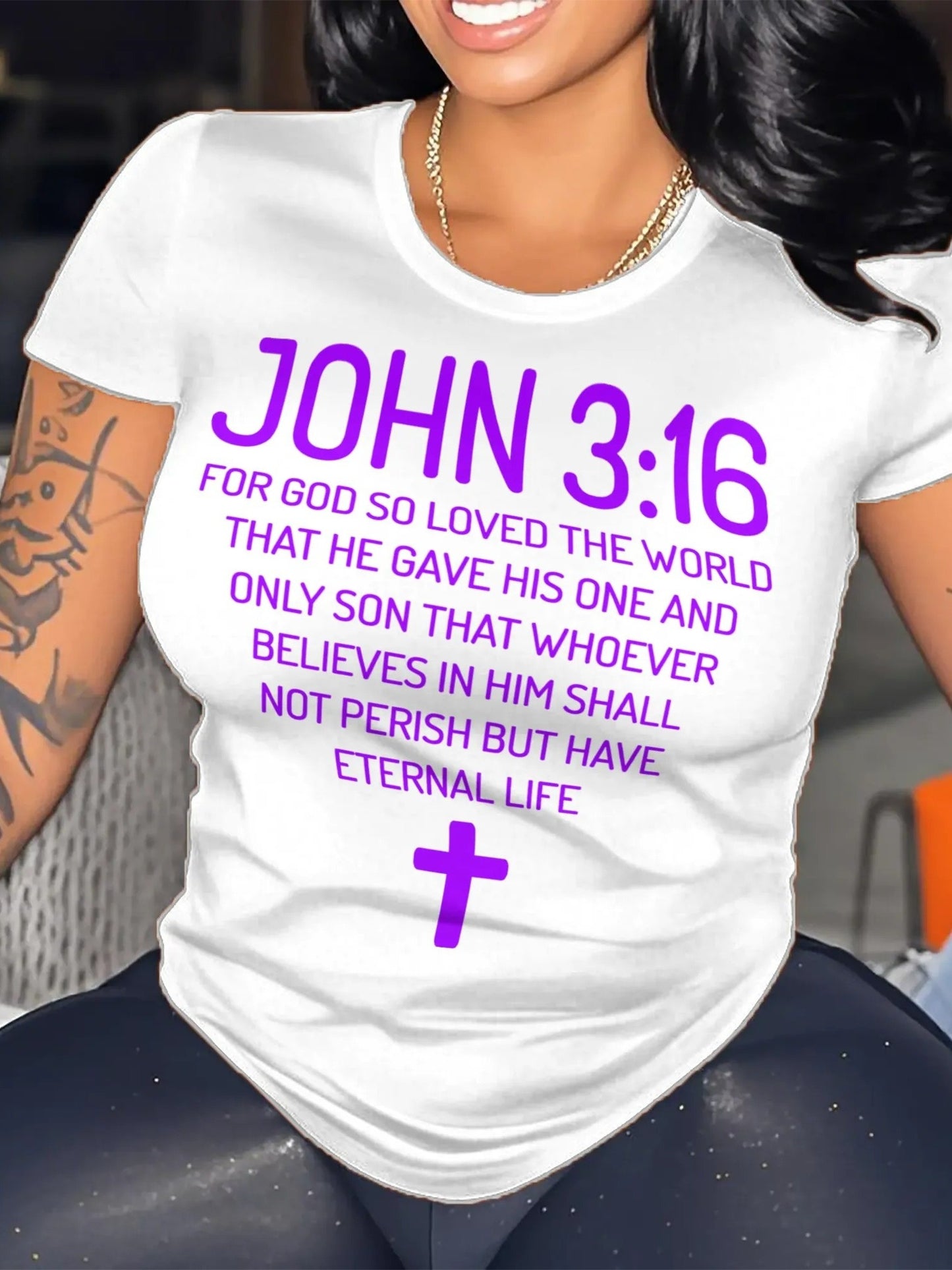 Plus Size - Plus Size Women'S "John 3 16 Bible Verse Scripture Christians" Print Summer T-Shirt | Soft Breathable Fabric | Casual Short Sleeve Round Neck Tee | Summer Vacation Clothing | Size 0XL-5XL - Coral - Black - Rose Re