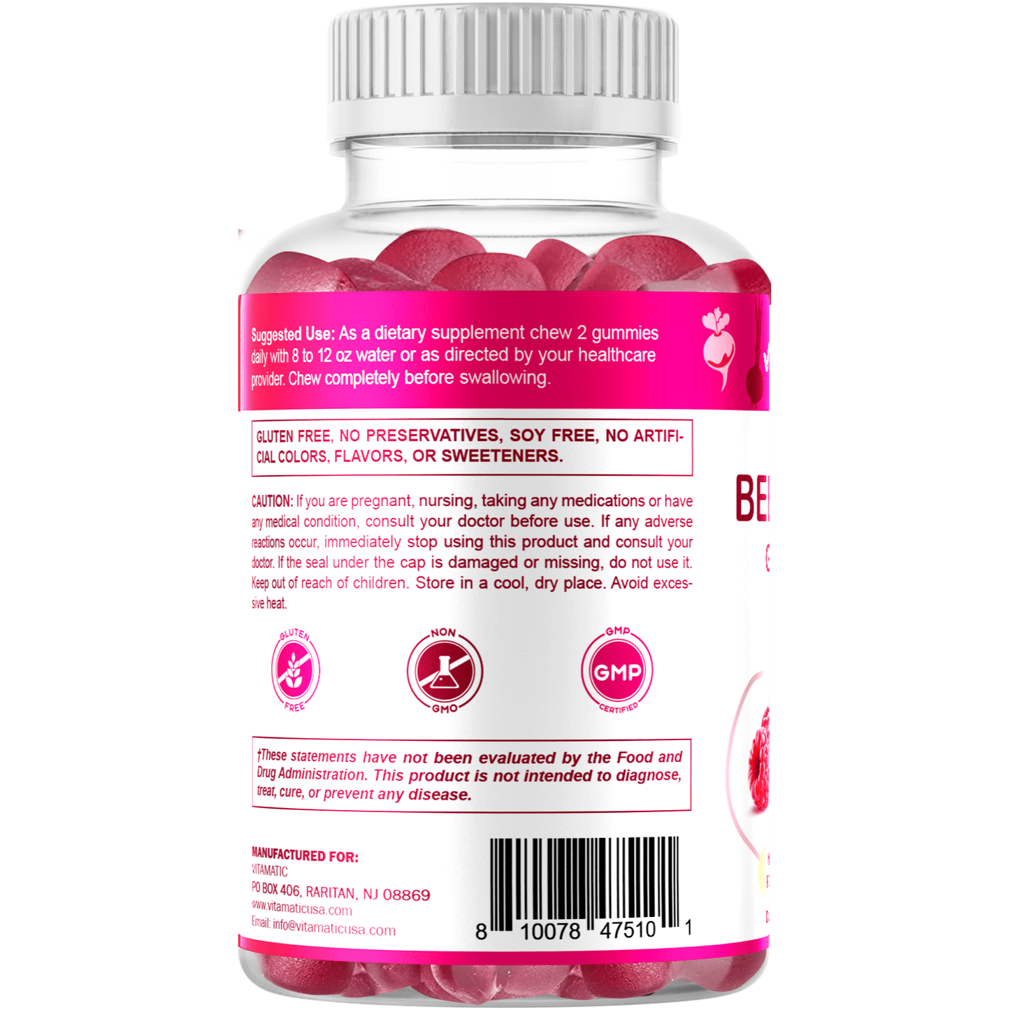 Vitamatic Beet Root Gummies - 3000 mg Equivalent Per Serving - 60 Gummies - Made with Vitamin B6, B12, Grape Seed, Pomegranate & Nicotinamide