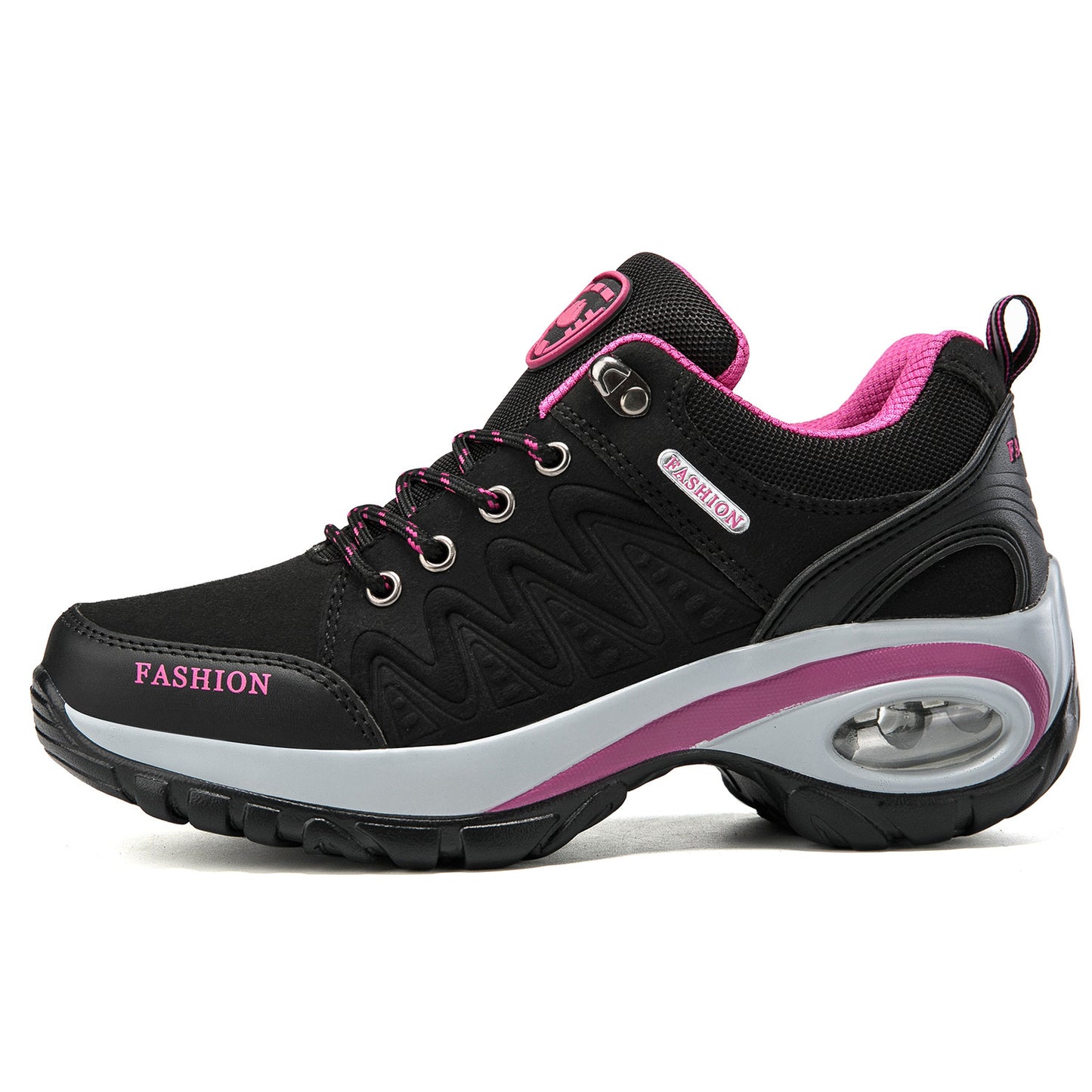 Women's Breathable Hiking Sneakers with Non-Slip TR Sole, Stability Support & Cushioned Comfort - All-Season Outdoor Trekking Shoes, Fashionable Platform Design for Casual Wear (Black with Pink Accents), Hiking Boots