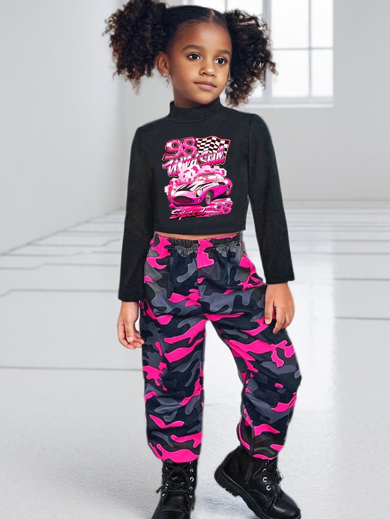 Girls 2pcs Set: Black Small High Collar Long Sleeve Pattern T-shirt + Camouflage Work Bag Jogging Pants, Suitable for Autumn, Suitable for 3 Years Old and Above, for Outdoor