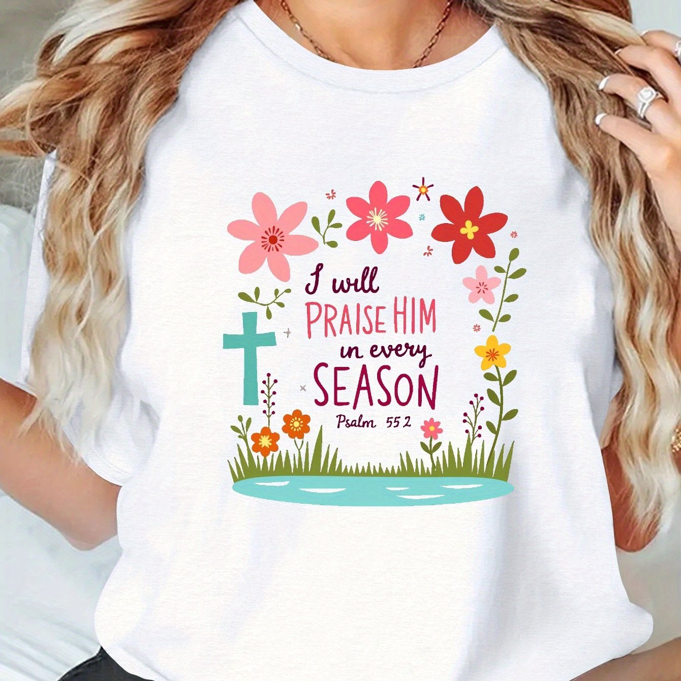 Women's Large Christian Faith Apparel T-Shirt - Praise Him Every Season Psalm Quote (Psalm 148:6) Religious Tee - Dark Background with Red Floral Cross Design - Breathable Casual Church Outfit - Machine Washable All-Season Sp