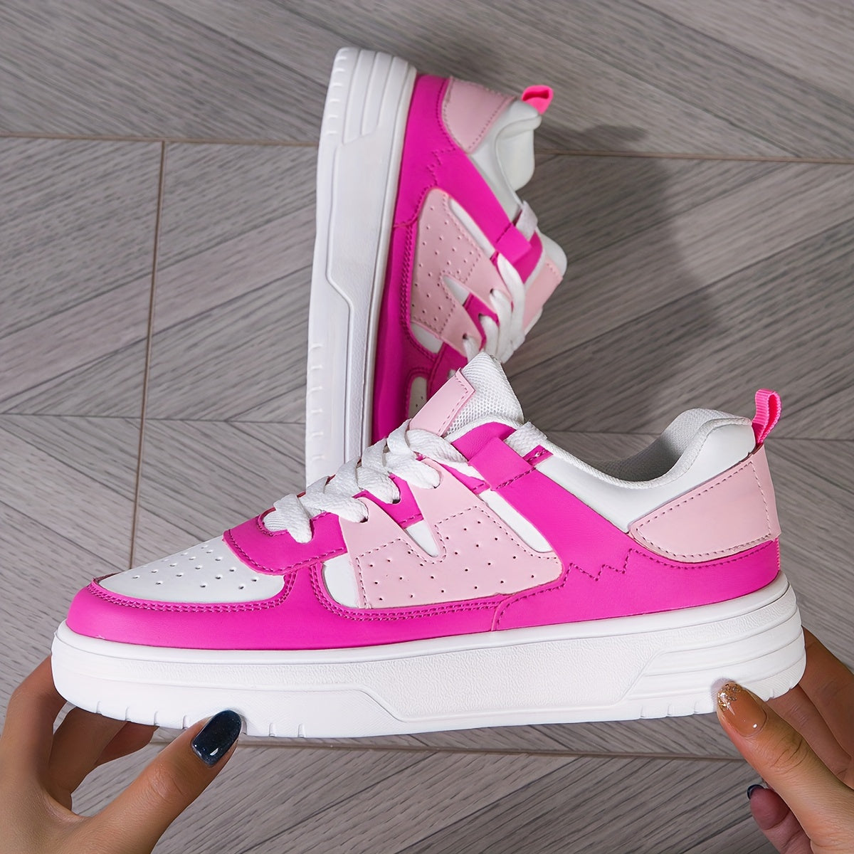 Women'S Plus-Size Pink & White Contrast Platform Sneakers - Breathable Synthetic Cover, Thick Cushioned EVA Sole, Low-Top Lace-Up Casual Sports Shoes for All-Season Comfort, Ladies Sneakers, Allseason Footwear, Durable Comfor