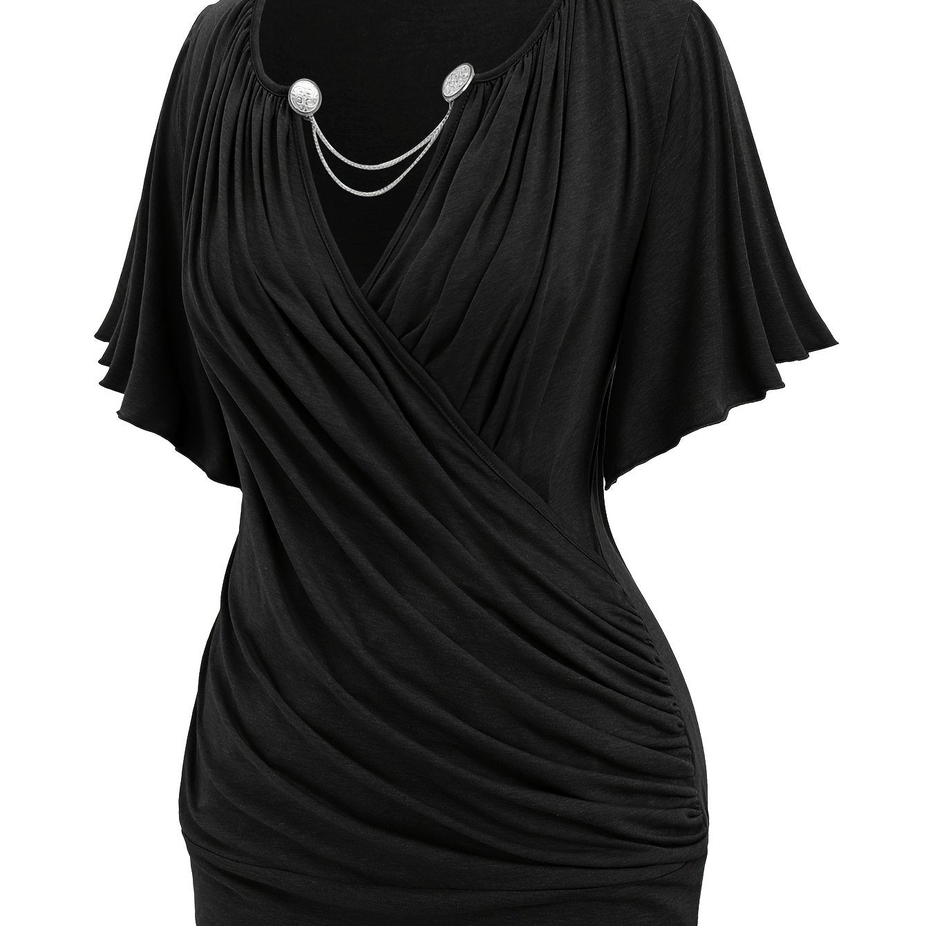 Plus Size Elegant Chain Decor Ruched T-Shirt - Surplice Neck, Short Sleeve, Comfortable, Breathable, Spring & Summer Essential - Women's Fashion Clothing for Curvy Figures