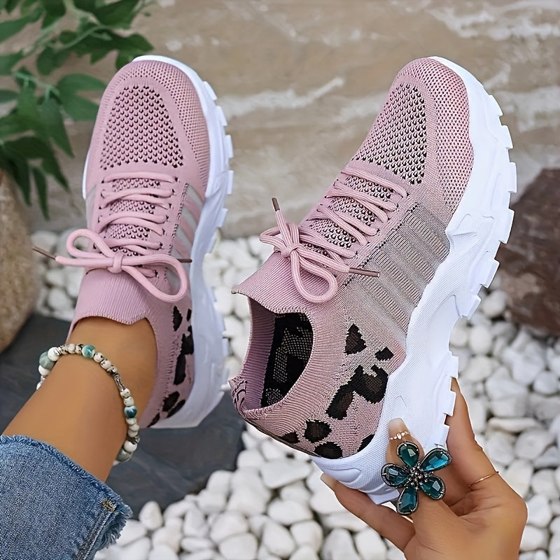 Women'S Shoes, Fashionable New Style, Mesh, Breathable Sports Shoes, Retro White Sneakers, Korean-Style, Casual Women'S Shoes, Leopard Print Embellishment, Running, Walking, Brisk Walking, Tennis, Outdoor