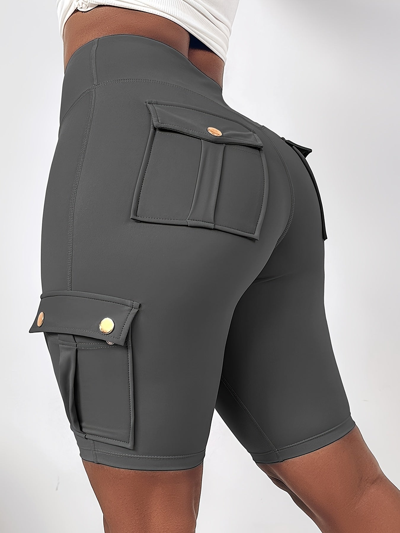 Women's High-Waisted Tummy Control Butt-Lifting Shorts with Flap Pockets - Breathable Summer & Casual Bermuda Cargo Shorts, Machine Washable Solid Black, High Waisted Shorts