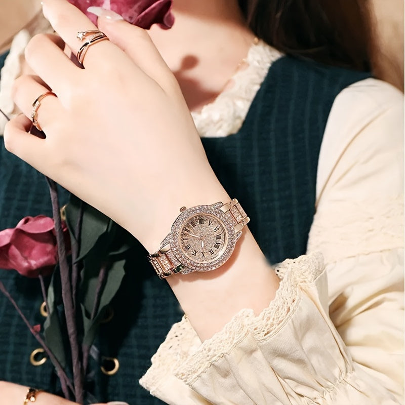 Rose Golden Round Rhinestone Quartz Watches Alloy Strap Zinc Alloy Pointer Zinc Alloy Dial Perfect Gifts For Women Men