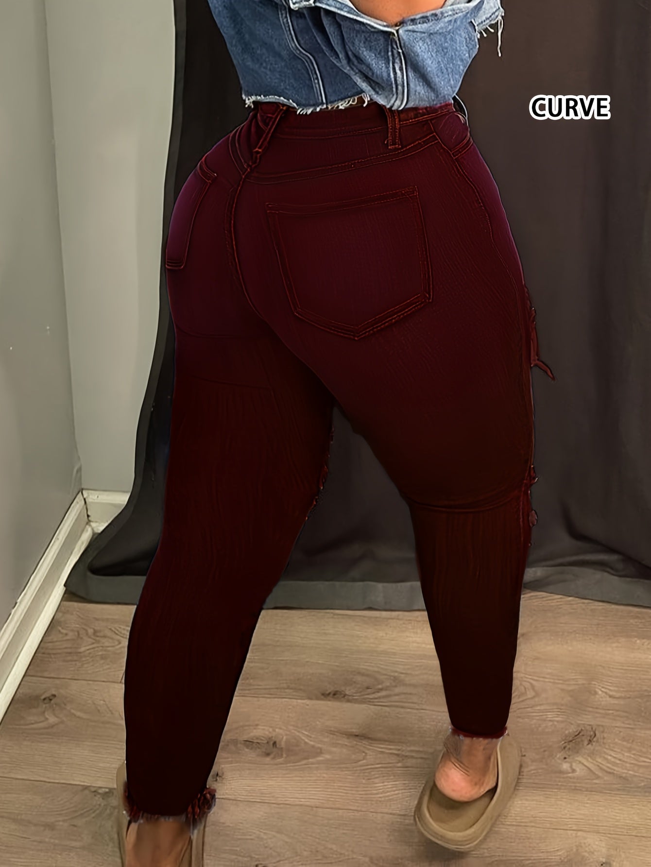 Y2K Women's High Elasticity Mid-Rise Ripped Skinny Jeans with Butt Lift - Plus Size Cropped Denim Pants, Stretchy Streetwear Style for All-Season Wear, Trendy Casual Outfit, Solid Color Design
