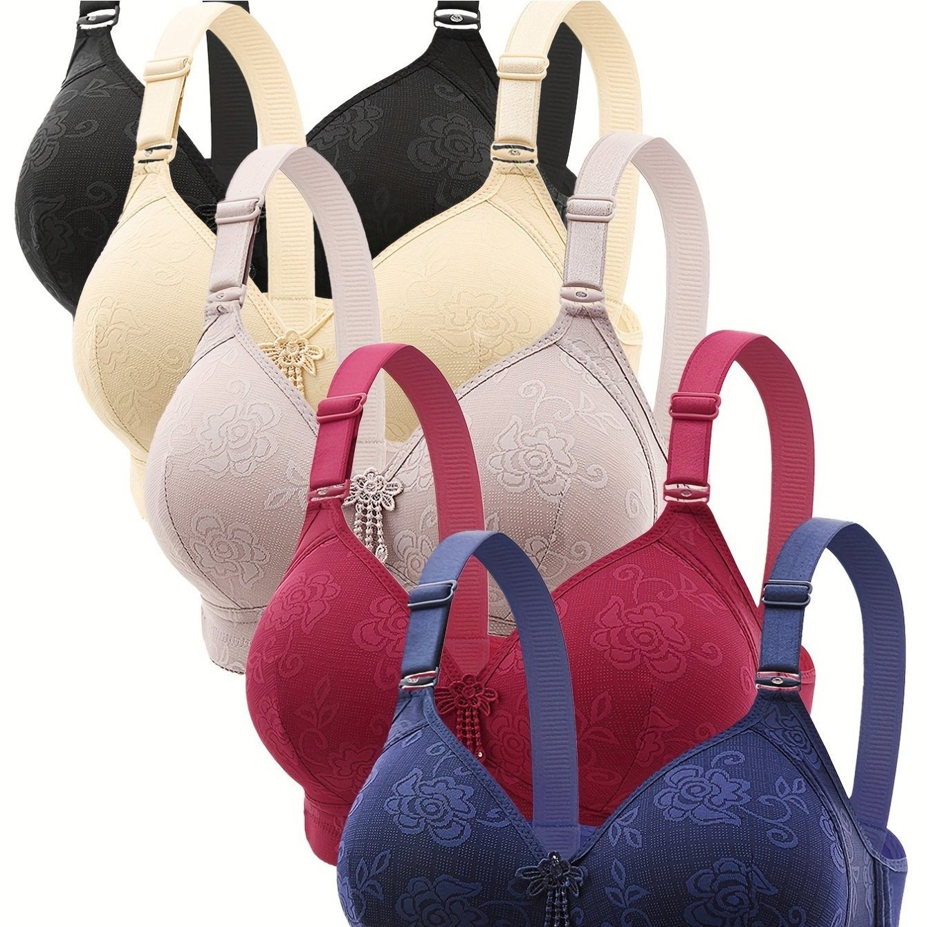 5-Pack Elegant Printed Wireless Bra with Adjustable Straps plaid Wire Free Support in Various Colors