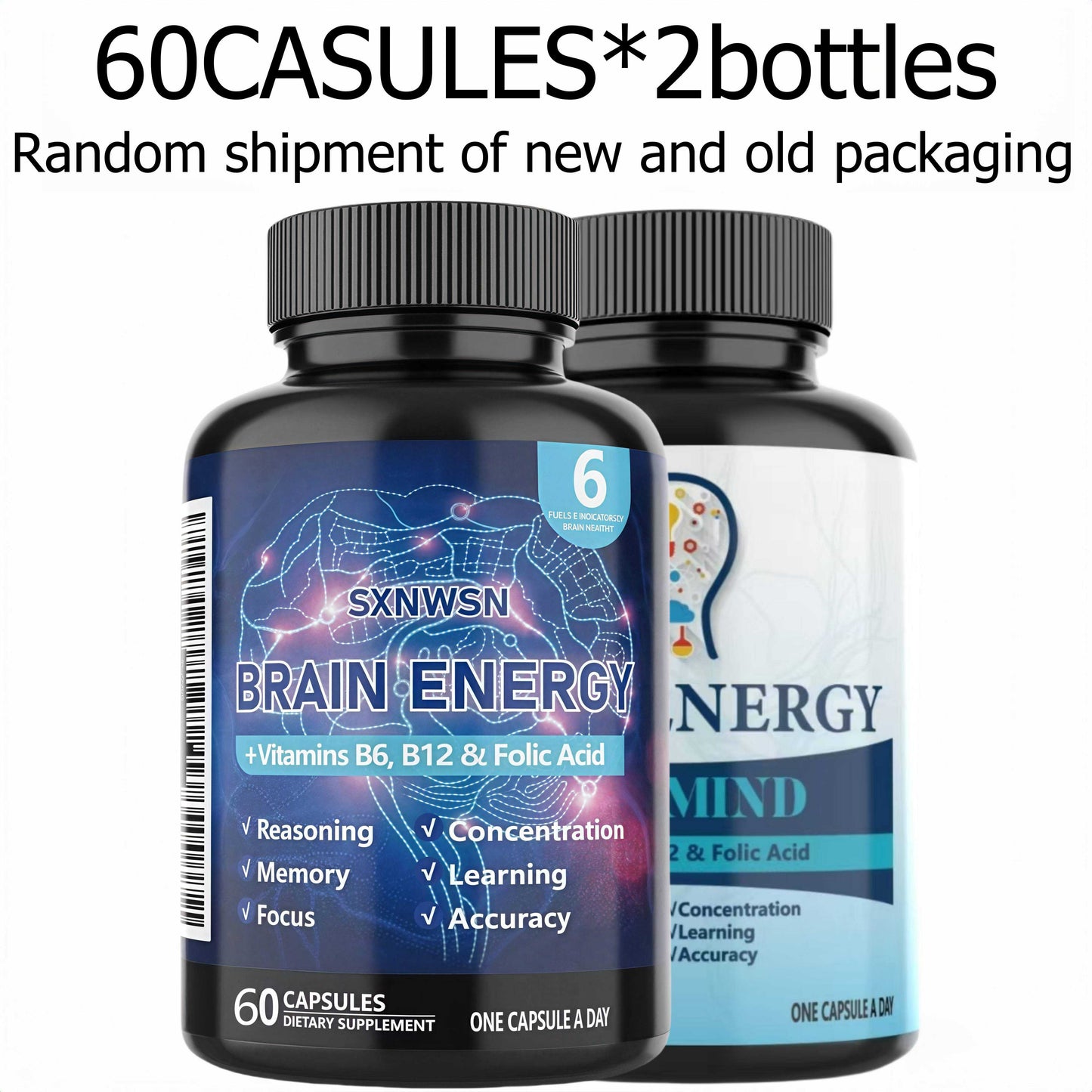 SNWS Brain Energy Supplement with Vitamins B6 & B12 - Focus, Memory & Learning Enhancer, 60 Capsules, Improves Attention, Accuracy & Reasoning, Non-Toxic Formula for Daily Use