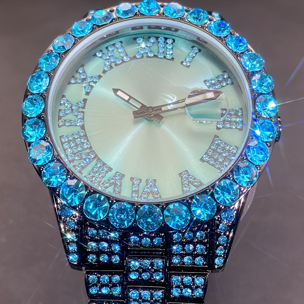 Luxury Ice Blue Rhinestone Quartz Watch for Men & Women - Sparkling Rhinestone-Encrusted Dial, Alloy Case & Band, Date Calendar Display, Battery-Powered Round Party Watch for Mardi Gras, Ramadan, Spring Festival Gifts, Bling