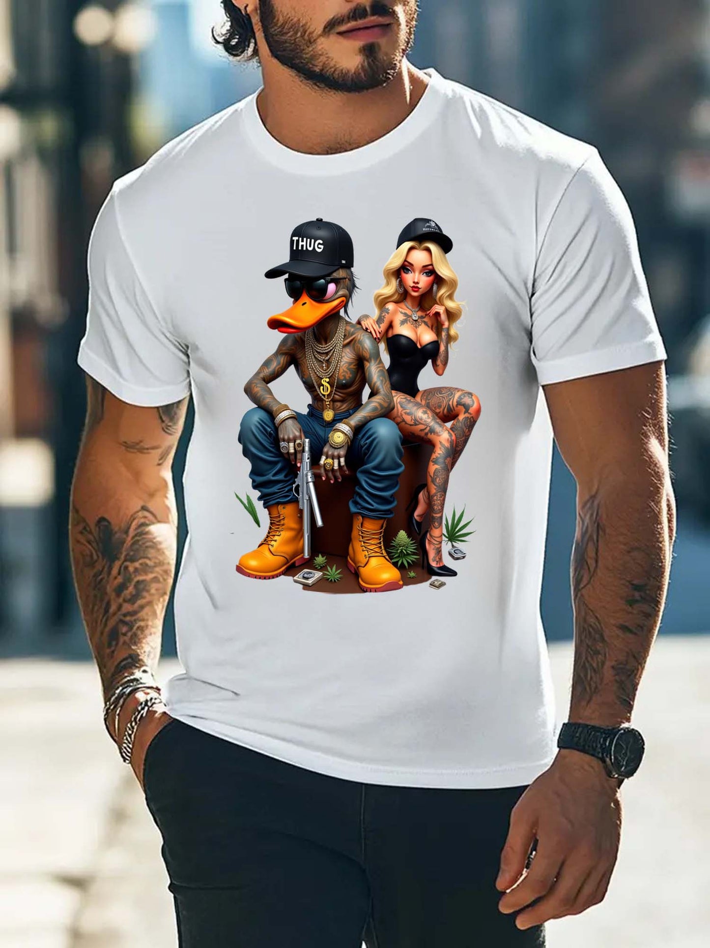 Duck and Lady Graphic T-Shirt - Unisex 100% Cotton Streetwear Tee with Duck & Lady Design, Golden Chains & Tattoos, Regular Fit Short Sleeve Round Neck Casual Shirt for Men & Women