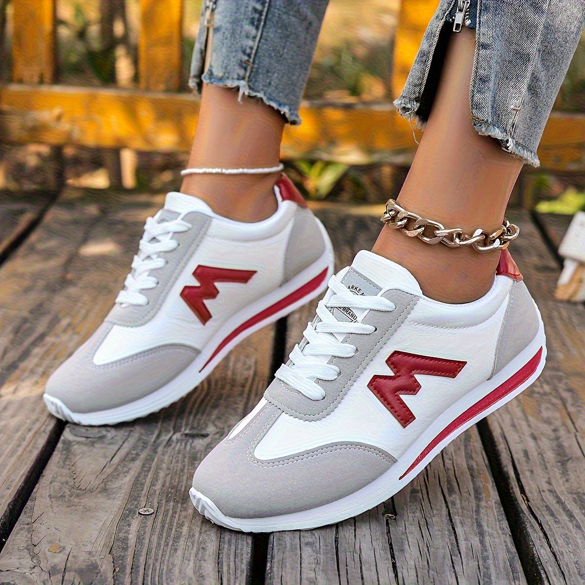Women'S Lightweight Casual Sneakers, Fashionable White with Black, Red, Yellow, Green, and Navy Blue Accents, EVA Sole Running Shoes, Lace-up, Low-cut Design, Suitable for All Seasons