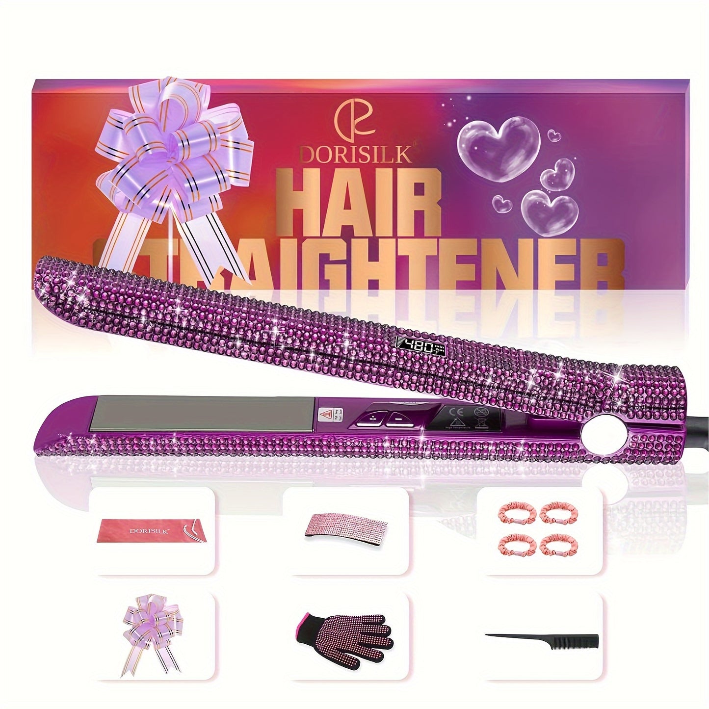 DORISILK 480°F High Temp Hair Straightener and Curler, Titanium Flat Iron Rhinestone Straightening Iron, 2 in 1 Straightening Curling 1" Salon Professional Dual Voltage Crystal Bling Rose Pink