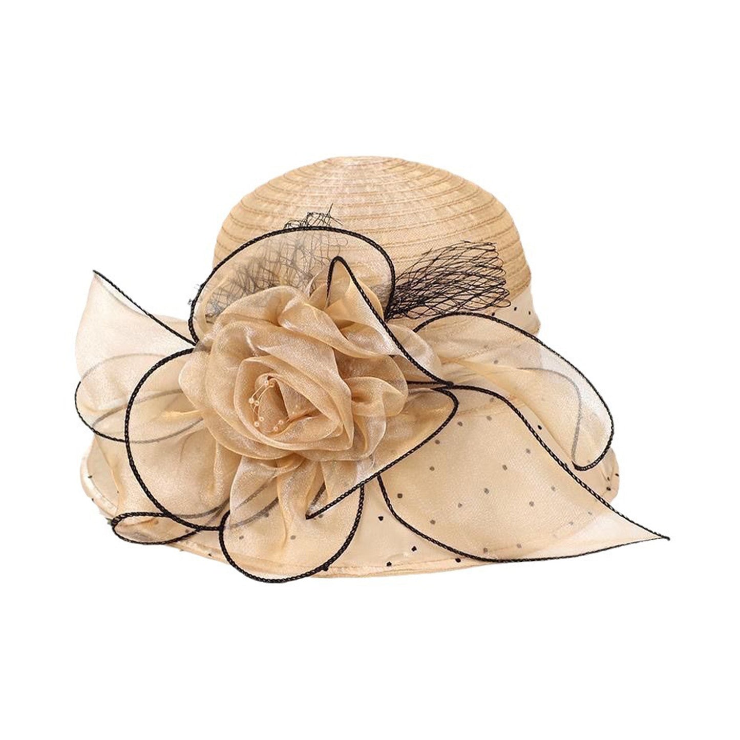Women's Breathable Organza Sun Hat - Wide Brim Bucket Cap with 3D Floral Accents, Elegant Church & Party Hat for Outdoor Weddings, Garden Events, Machine Washable, Ladies Sun Hat, Delicate Openweave Fabric, Bridal Accessories