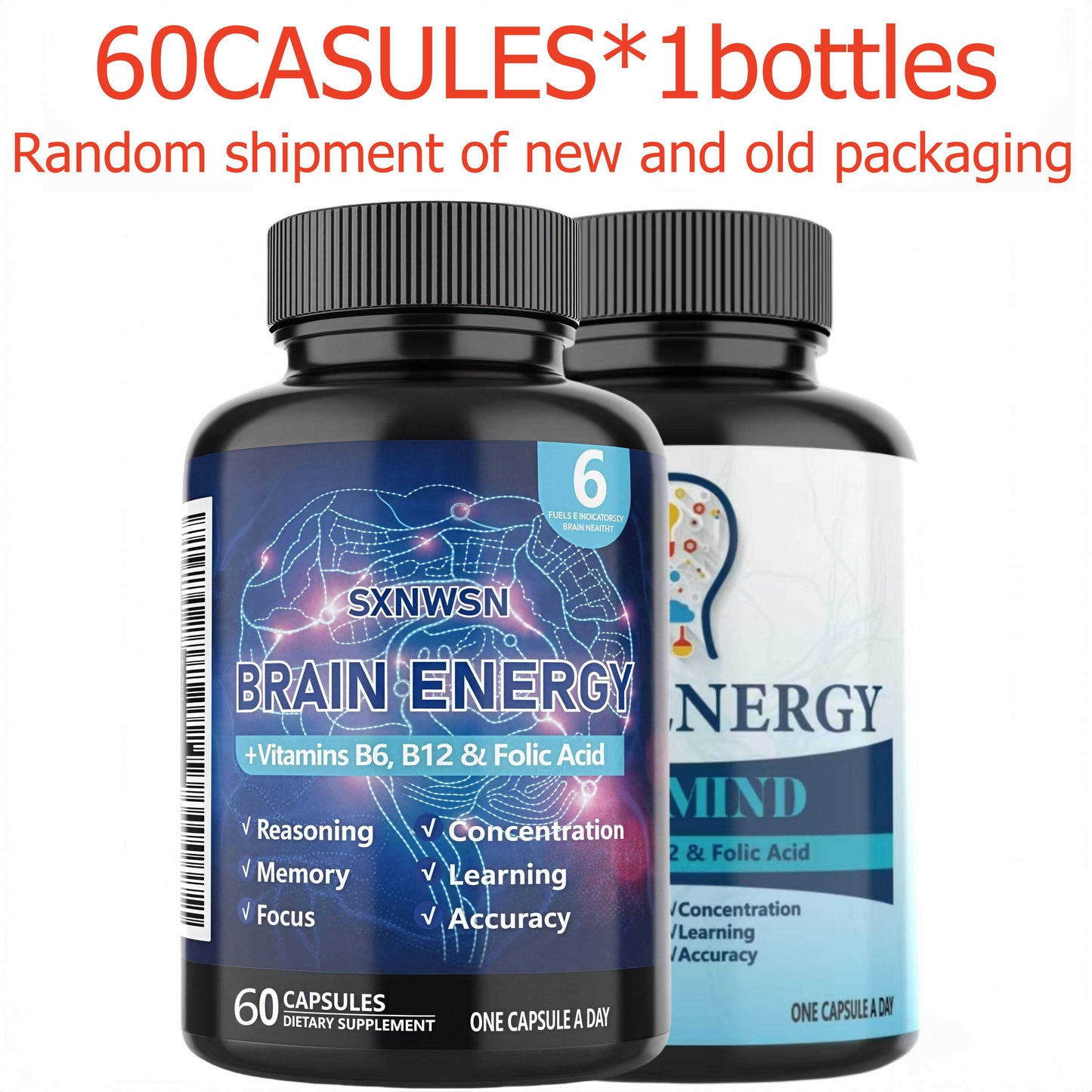 SNWS Brain Energy Supplement with Vitamins B6 & B12 - Focus, Memory & Learning Enhancer, 60 Capsules, Improves Attention, Accuracy & Reasoning, Non-Toxic Formula for Daily Use
