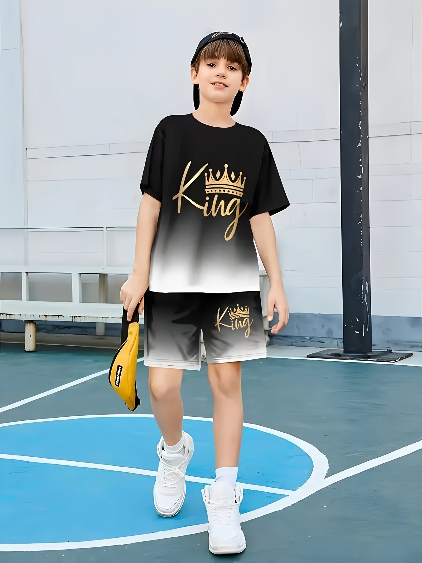 Summer Fashion Boys Cool Gradient Black Golden Letter "King" Crown Short Sleeve Shorts Set, Perfect For Summer Outdoor Activities, Daily Wear, Leisure, Entertainment, Parties, School, Travel, An Ideal Gift, for Outdoor