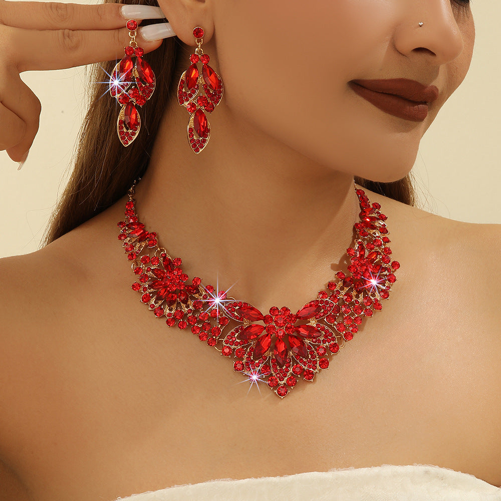 2pcs Bold Red Lab-Created Artificial Crystal Necklace& Earrings Set, Bridal Wedding Jewelry Gift for Women, Statement Anniversary Valentine's Day Accessories for Bride, Luxe Artificial Crystal Bridesmaid Set