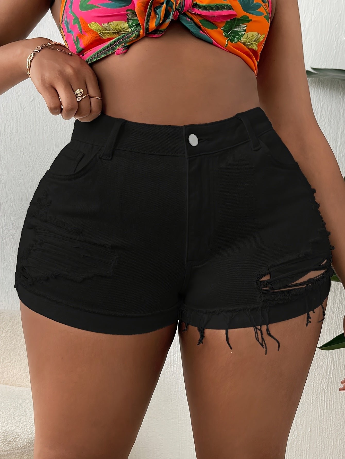 Women Plus Size High Waisted Skinny Stretchy Denim Shorts Casual Summer Frayed Raw Hem Distressed Ripped Short Jeans